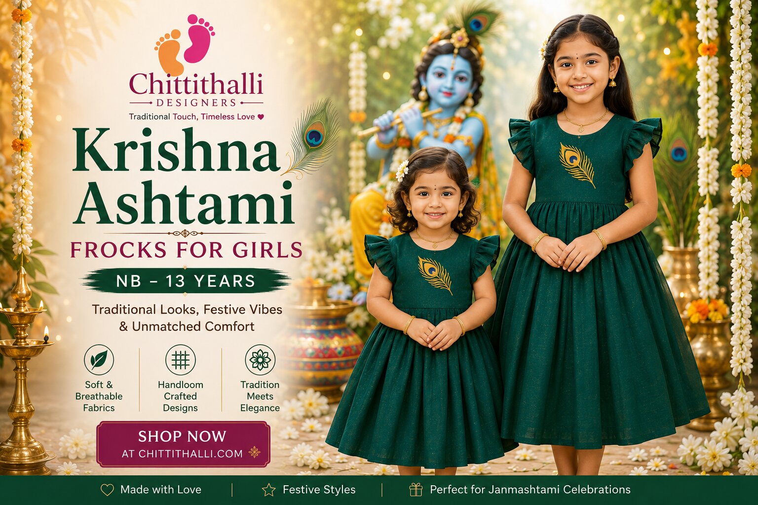 Krishna Ashtami Frocks for Girls NB–13 Years | Chittithalli