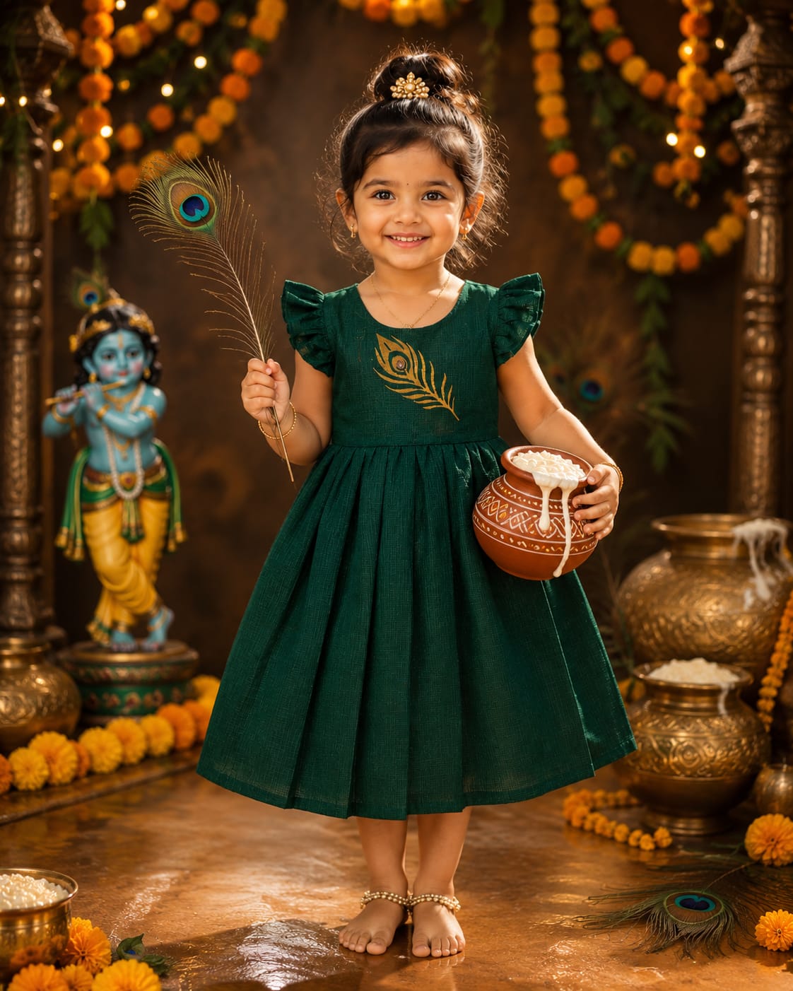 Golden feather frock- green