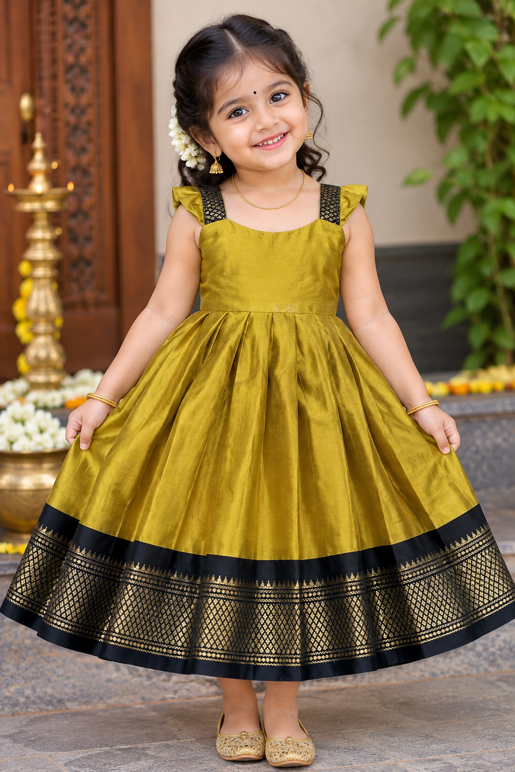 Paithani silk frock - Menthi yellow