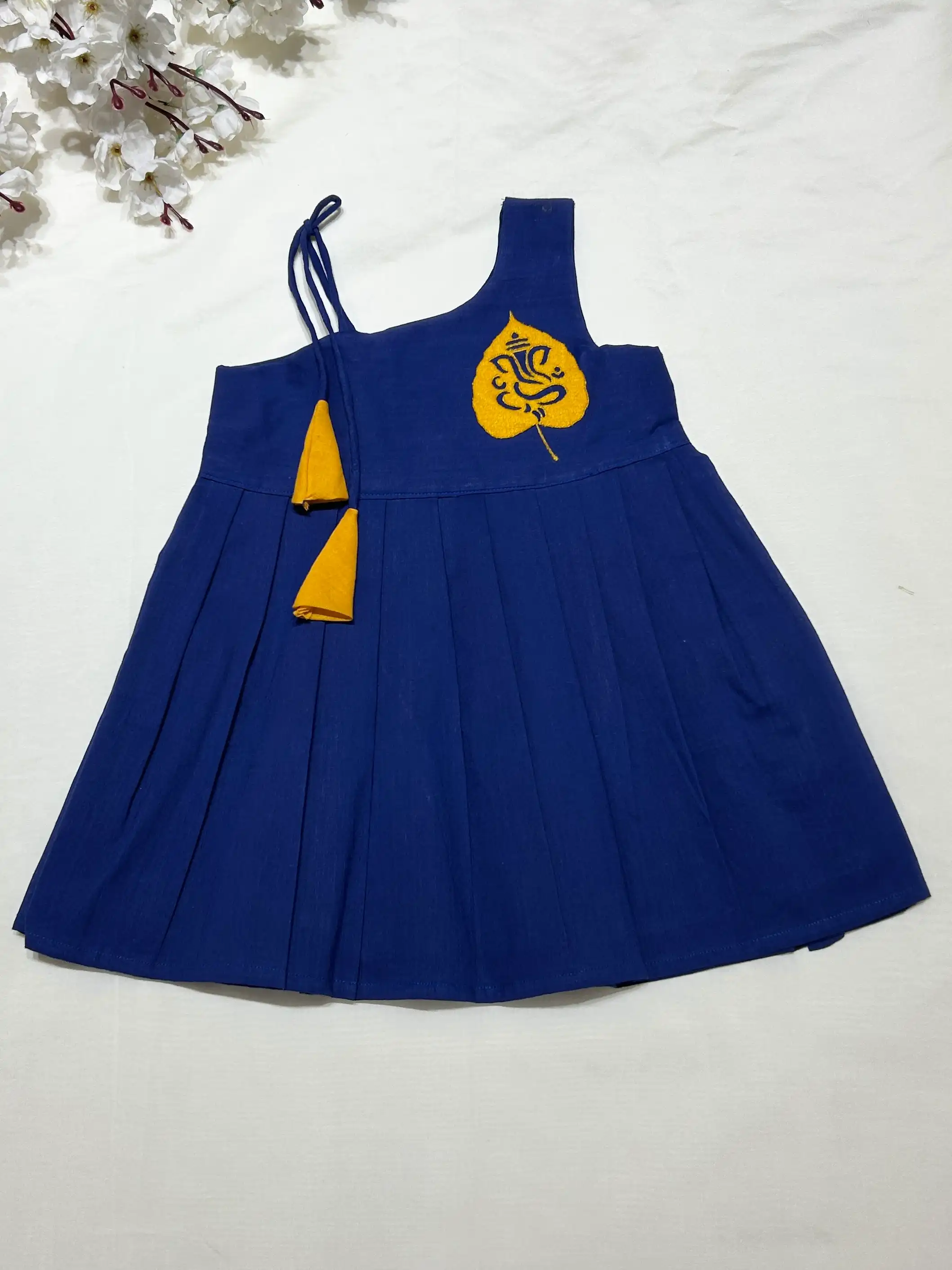 Vinayaka Leaf Applique Frock- blue